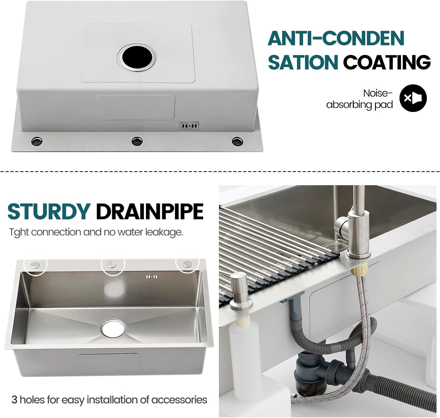 Large Kitchen Sink, With Drain Kits, 304 Stainless Steel, Heavy Duty Kitchen Bar Sink, Single Bowl Sink, For Drop In, Undermount(A,70x50x22cm)