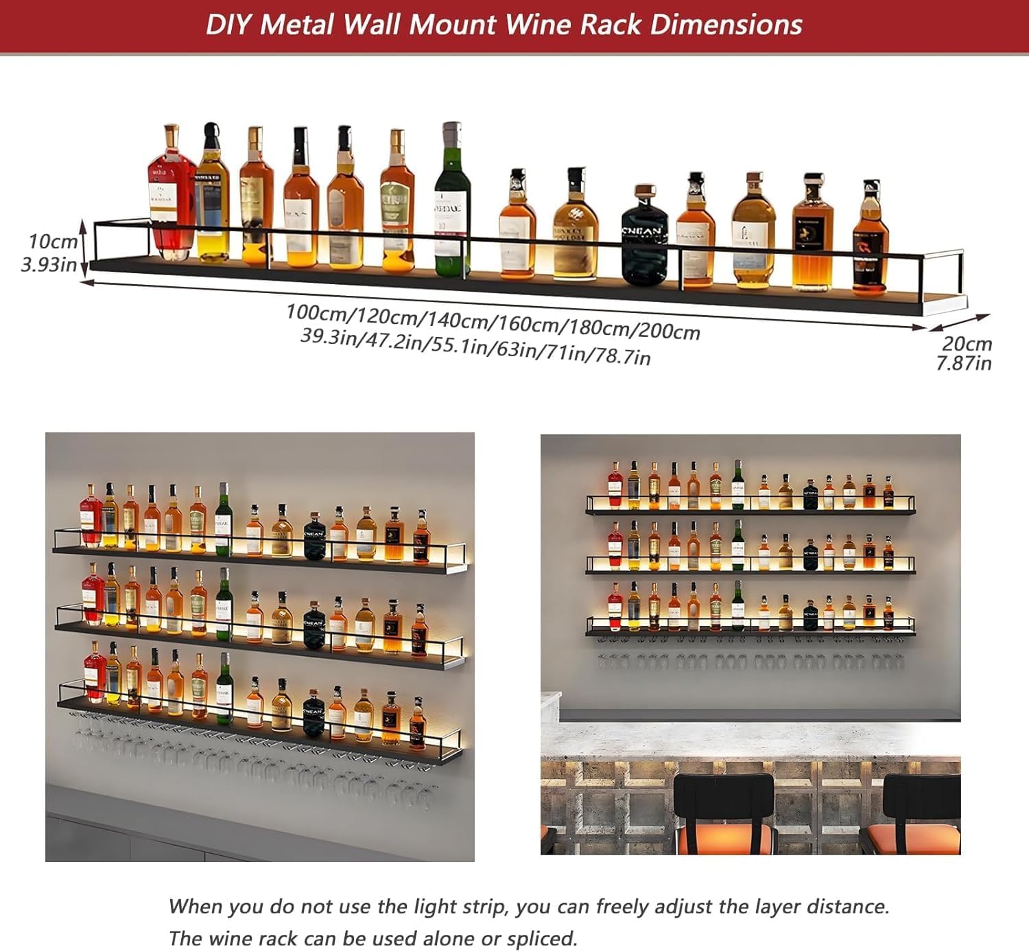 Metal Wall Mounted Wine Rack with LED Light, 3 Tiers Liquor Bottles Floating Shelves with Glass Holder, Wine Shelf Industrial Bar Shelves for Home Bar Dining(Gold, 100cm/39.3in)