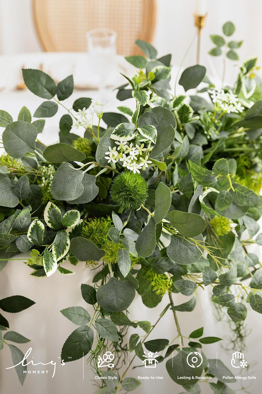 Ling's Moment 9FT Flower Garland for Backdrop Decorations - Wedding Arch Flowers, Eucalyptus & Rose, Artificial Floral Garland for Mantle - Sweetheart Table Decor for Beach Reception, Green