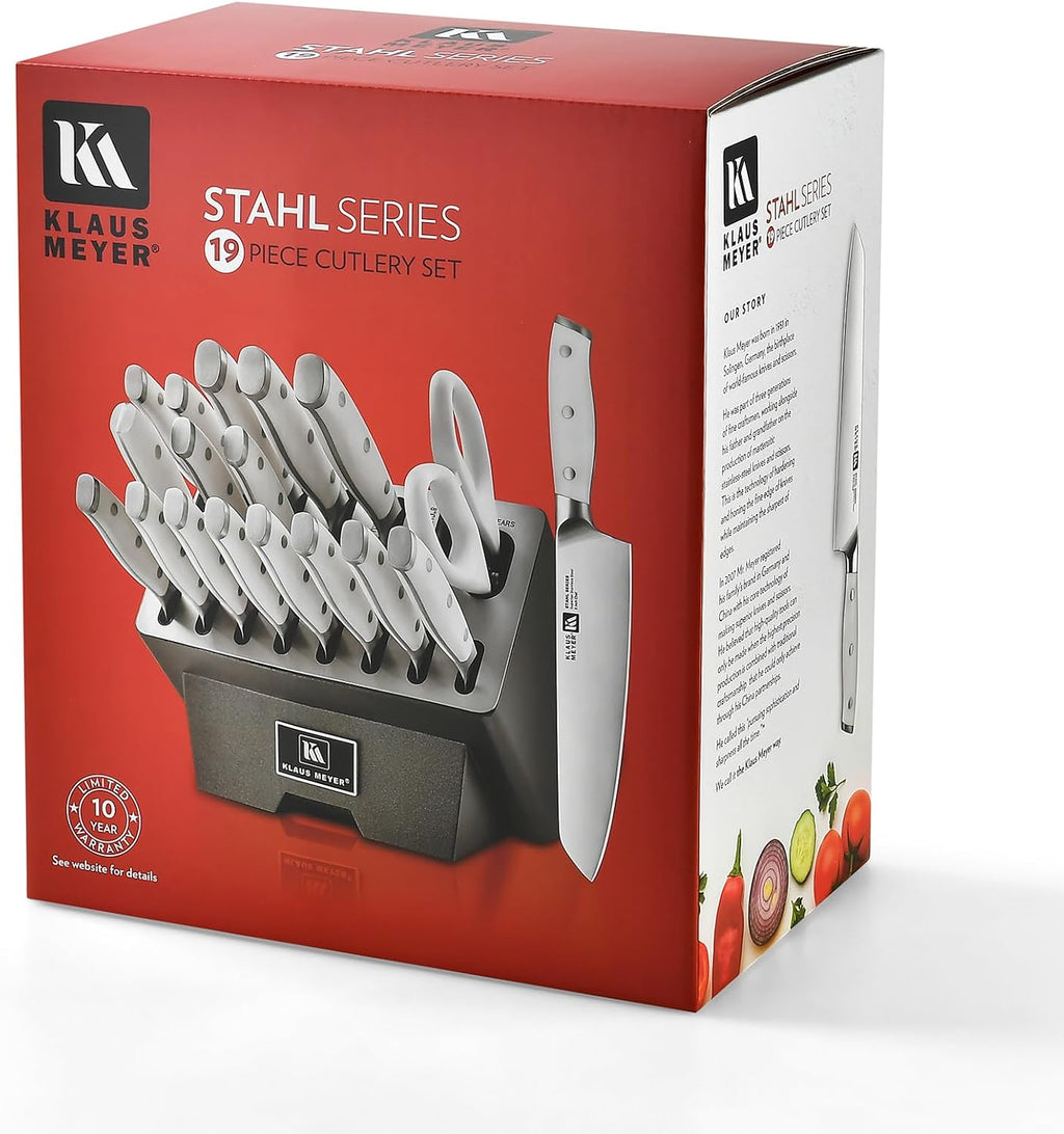 Klaus Meyer 19-Piece Knife Block Set, High Carbon German Stainless Steel (Stahl), Full-Tang Handles with Sharpener (White)