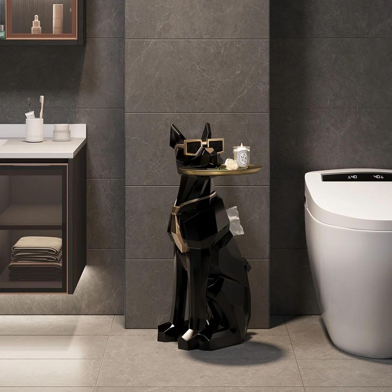 homary Modern Resin Dog Sculpture Geometric Standing Statue Cute Side Table Tray End Table with Tissue Storage (Black)