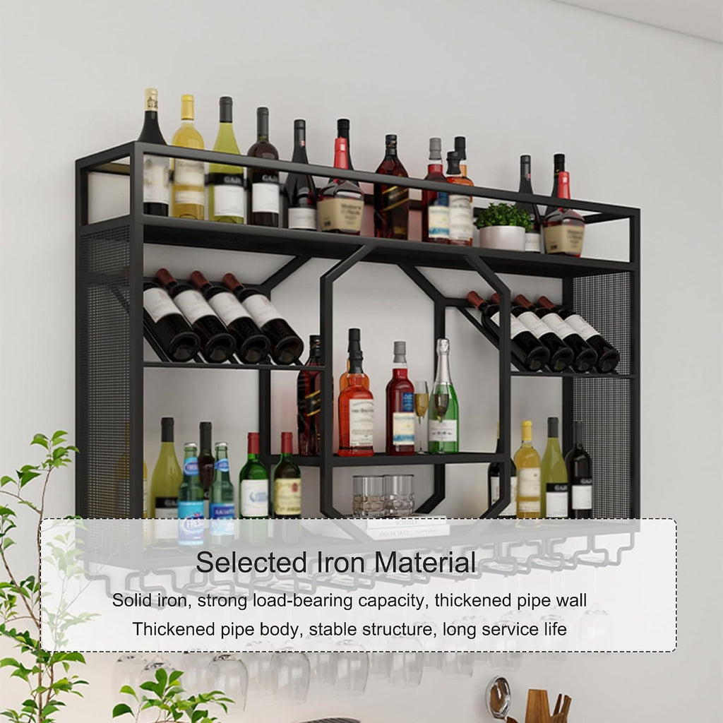 Wall Mounted Wine Rack Floating Bar Shelves Liquor Shelf with Hanging Wine Glass Holder for Liquor Bottles Whiskey Display Shelf for Home Bar Dining Room Kitchen(Gold,120cm/47.2in)
