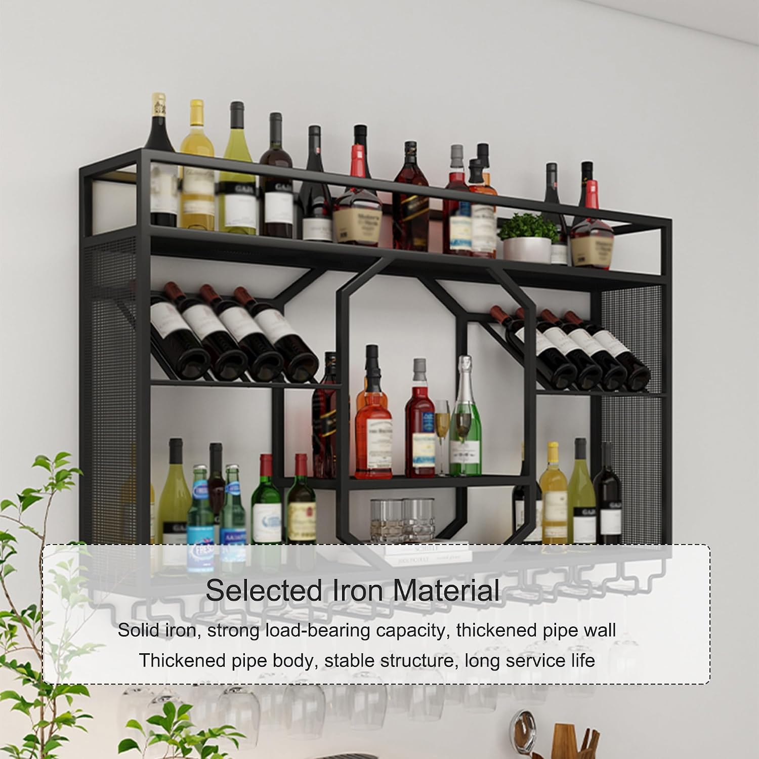 Wall Mounted Wine Rack Floating Bar Shelves Liquor Shelf with Hanging Wine Glass Holder for Liquor Bottles Whiskey Display Shelf for Home Bar Dining Room Kitchen(Gold,120cm/47.2in)