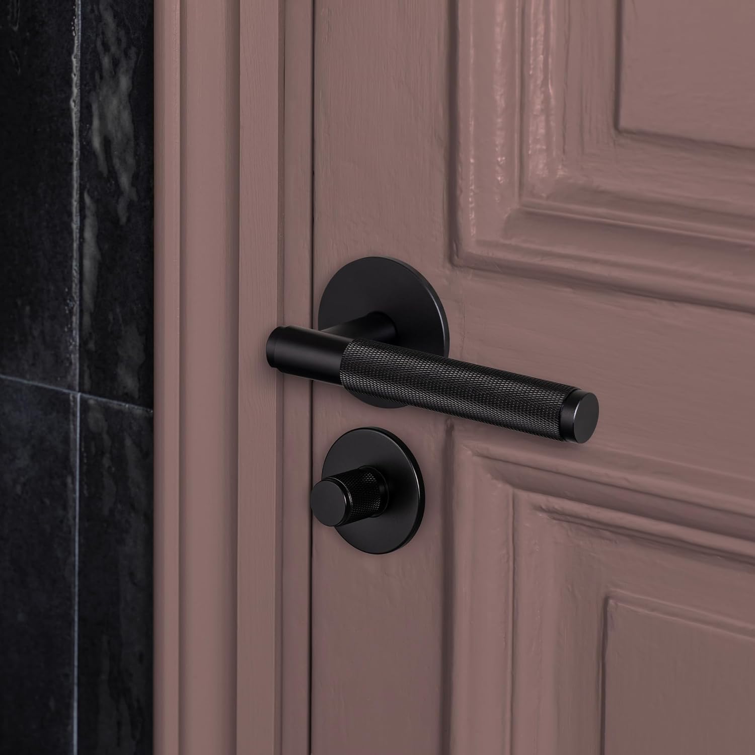 Buster and Punch Cross Door Handle Set Passage in Black Solid Brass