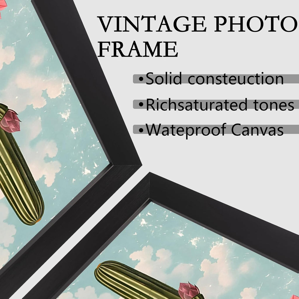 Black Framed Flat Boho Cactus Garden Poster Retro Tropical Succulent Canvas Wall Art Vibrant Flowers Sky Background Prints Painting For Home Bedroom Dorm Wall Decor 24x36in Black Framed Flat