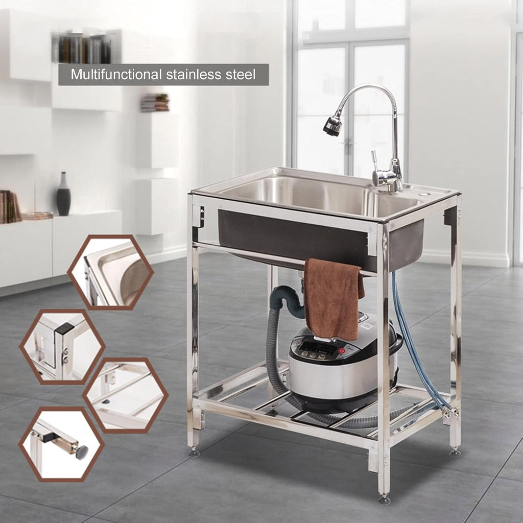 Utility Sink Laundry Tub with Adjustable Metal Legs and Storage Shelf, Stainless Steel Home Commercial Single Bowl Sink for Laundry Room, Basement or Garage Workshop