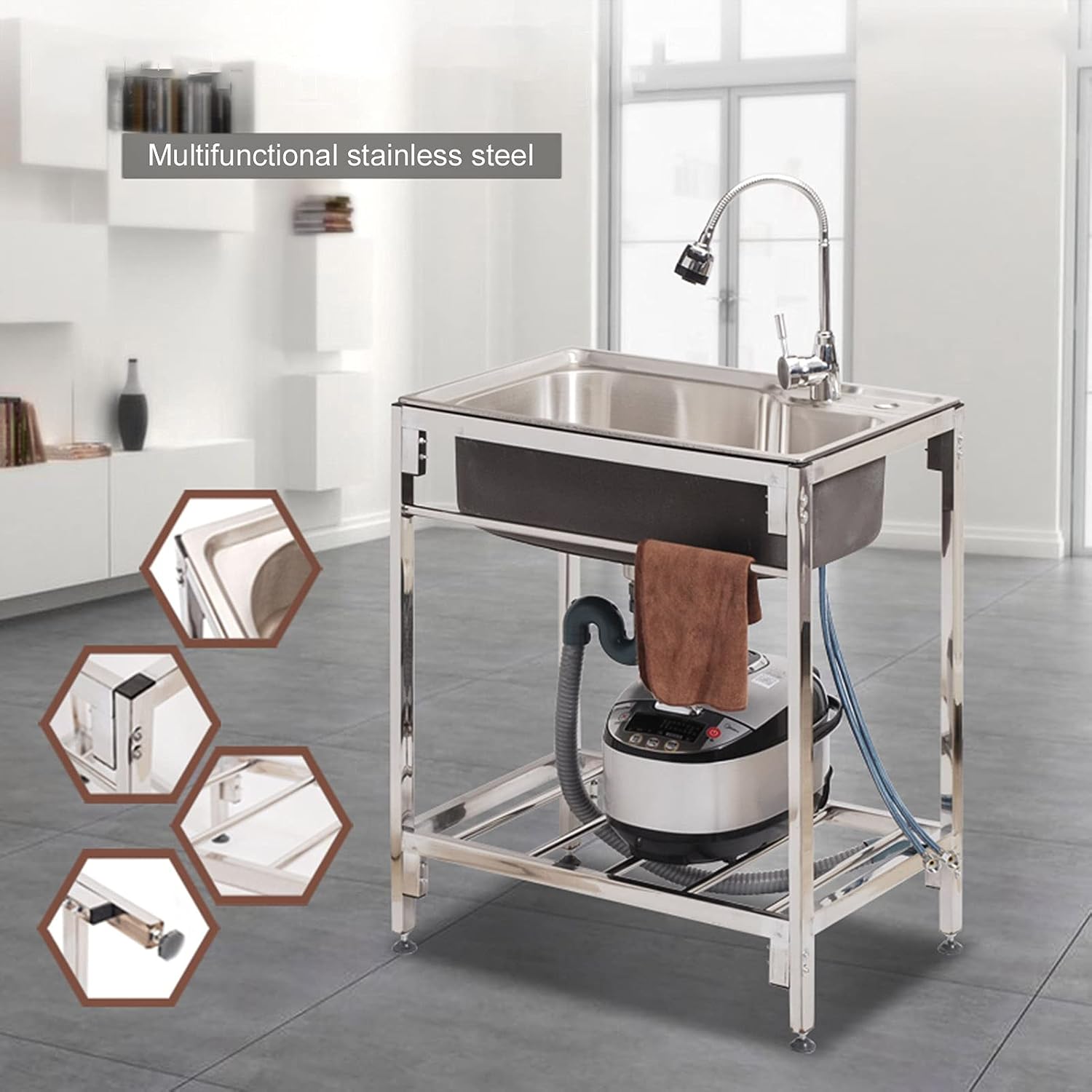 Utility Sink Laundry Tub with Adjustable Metal Legs and Storage Shelf, Stainless Steel Home Commercial Single Bowl Sink for Laundry Room, Basement or Garage Workshop