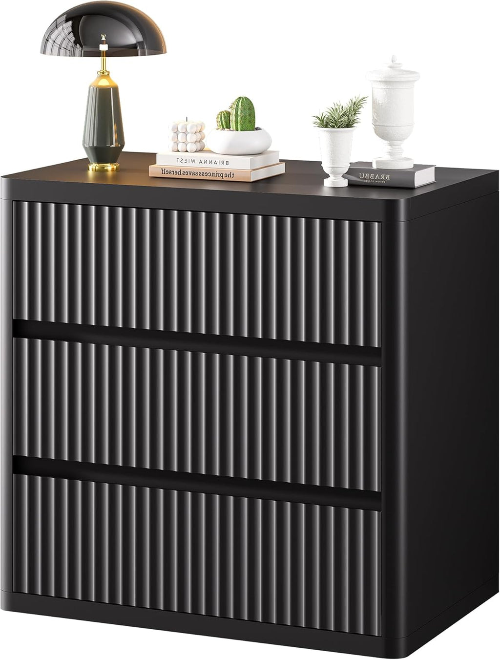 3 Drawer Nightstand, Black Night Stand with Large Storage, Fluted Nightstand for Bedroom, Mid Century Modern End Table Side Table for Living Room Sofa Couch Home Office, Bedside Table 26 Inch Tall