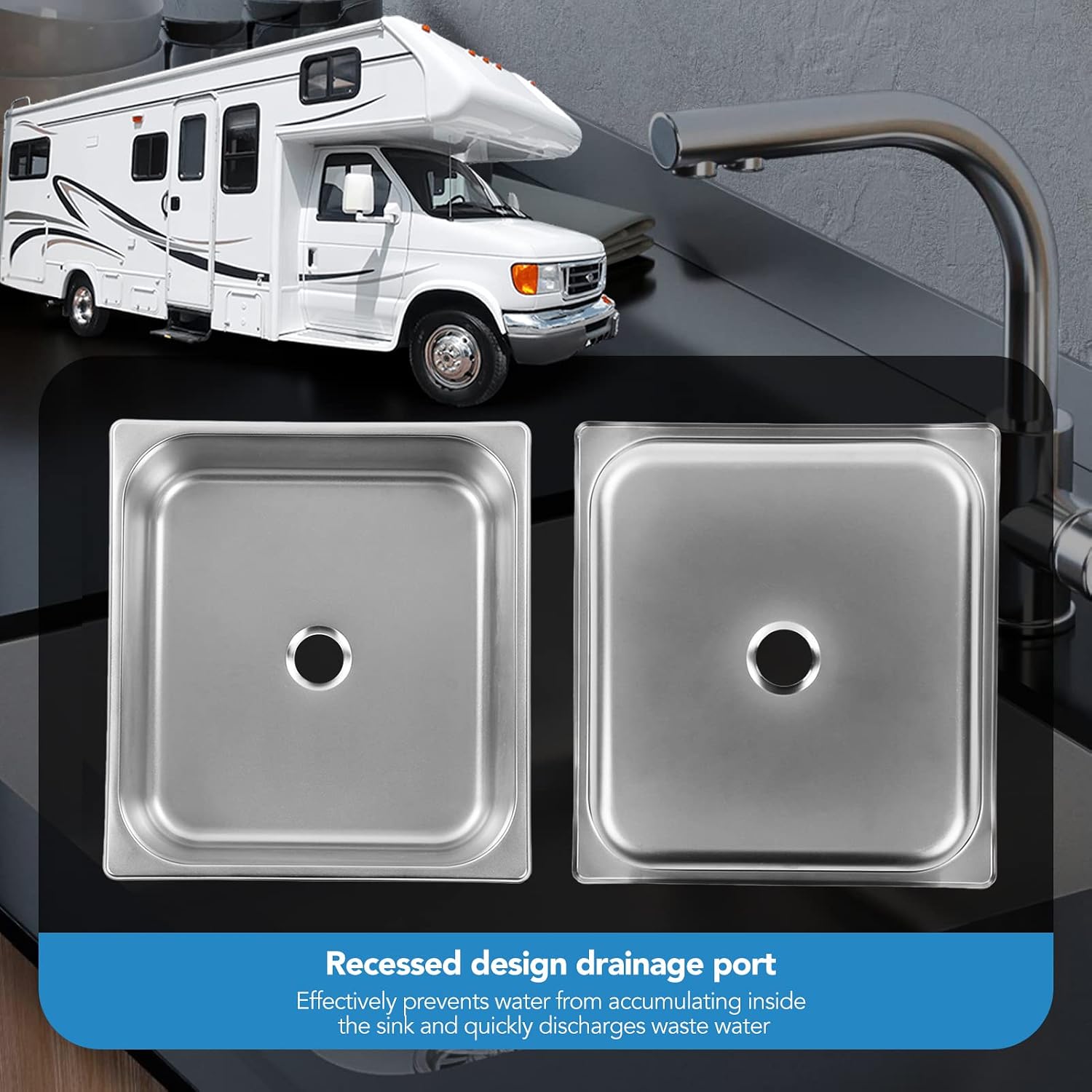 Single Sink Bowl, Fast Discharge Undermount Single Sink, Square Stainless Steel Kitchen Sink for RV Yacht Bathroom