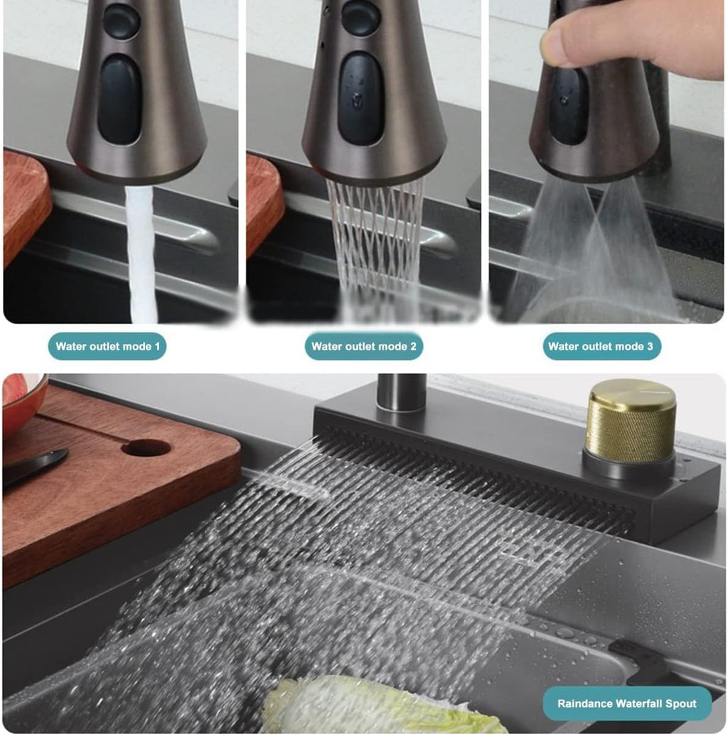 Kitchen Sinks Grey Stainless Steel Sink Large Sink with Waterfall Faucet Single Bowl Sink with All Accessories (