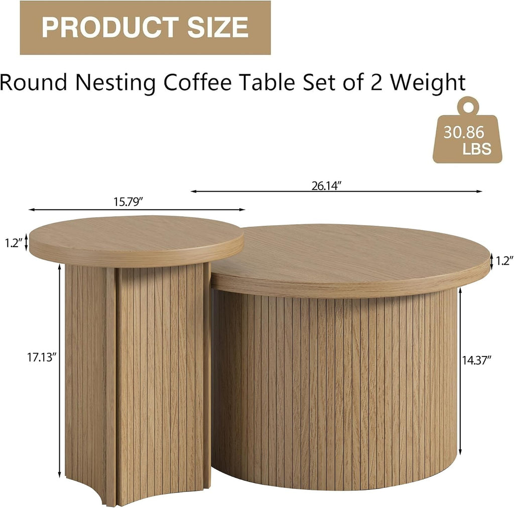 Mxtxmy Round Nesting Coffee Table Set of 2,Coffee Tables for Living Room,Round Coffee Tables with Wood Finish,Stackable Coffee Table Set,Rustic Sofa Side Table,Living Room Bedroom (Large Size)