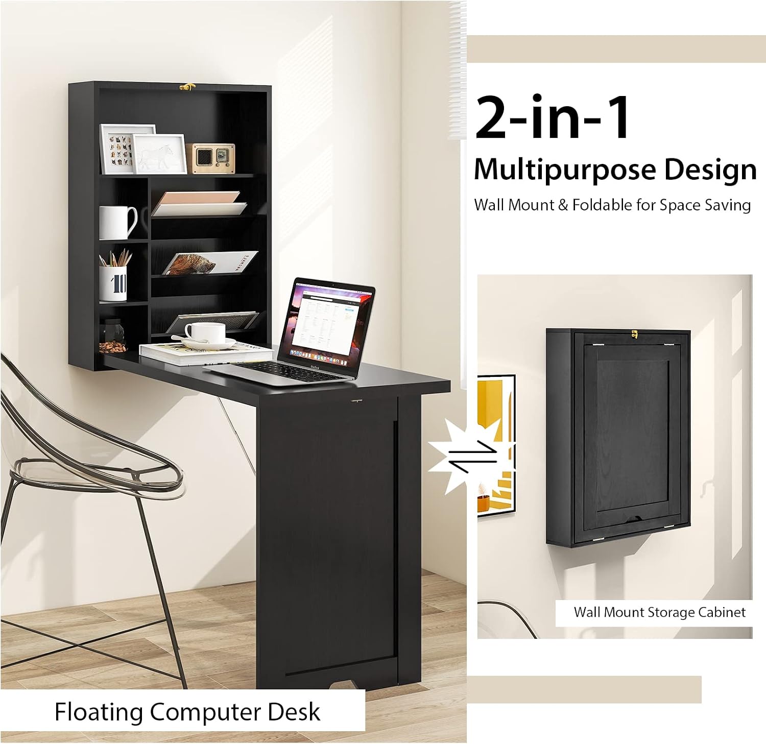 Wall Mounted Desk, Wood Collapsible Floating Desk, Convertible Computer Desk with Storage Area, Hanging Fold Out Table for Home Office, Small Spaces (Black)