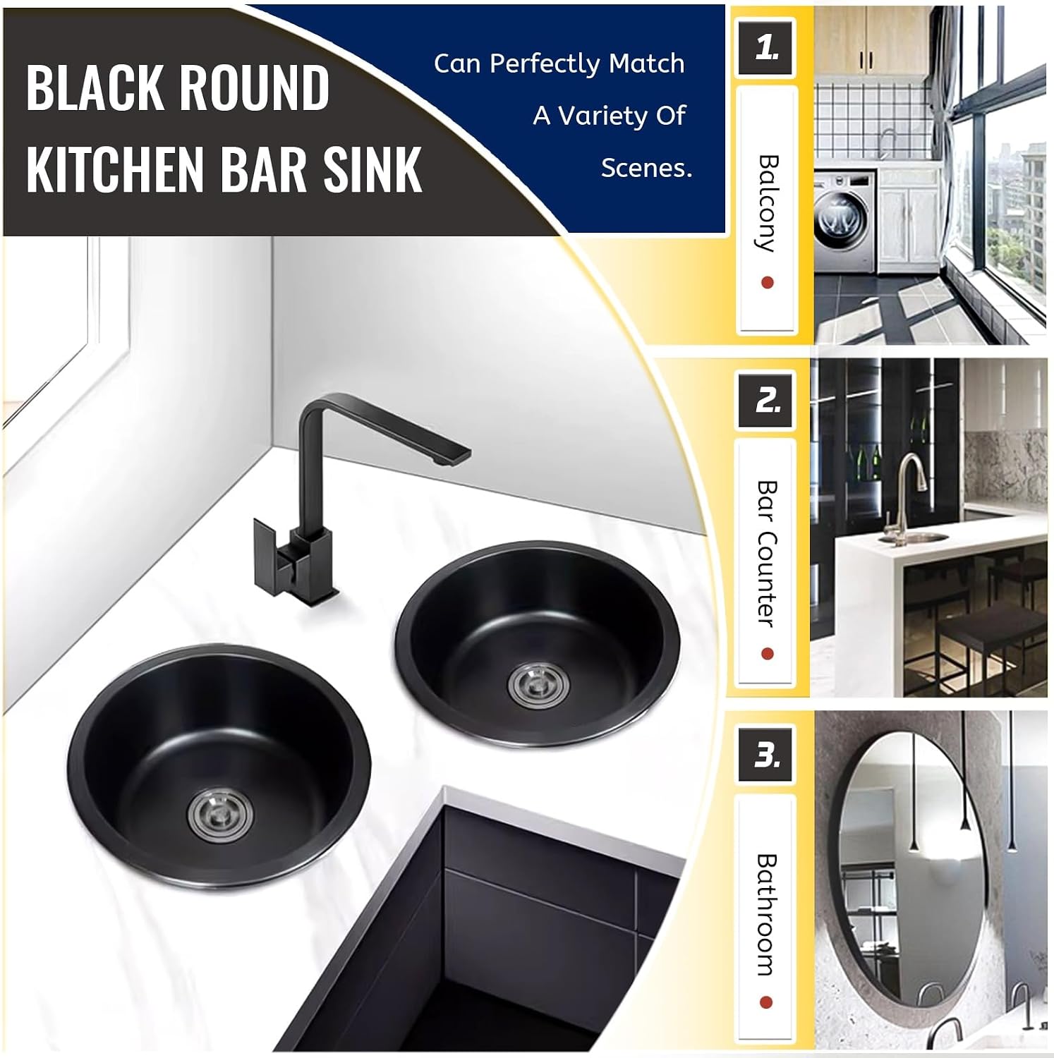 Stainless Steel Kitchen Sink, Single Bowl Sink With Drain Fittings & Overflow, Small Washing Basin, Round Pool For Utility Room, Kitchen, Bar, Pub, Drop In & Undermount(Black,32cm)