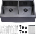 SHACO 33 Inch Double Bowl Divided 50/50 Black Farmhouse Sink, 33x21 Gunmetal Black Stainless Steel Undermount Apron Front Farm Kitchen Sink