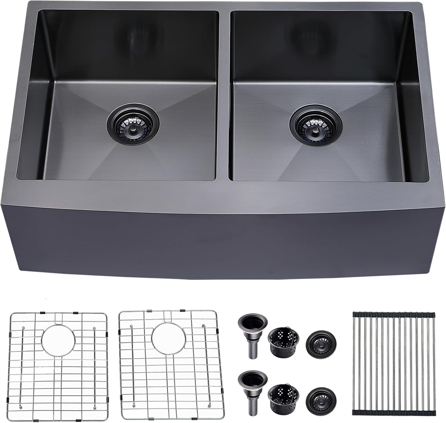 SHACO 33 Inch Double Bowl Divided 50/50 Black Farmhouse Sink, 33x21 Gunmetal Black Stainless Steel Undermount Apron Front Farm Kitchen Sink