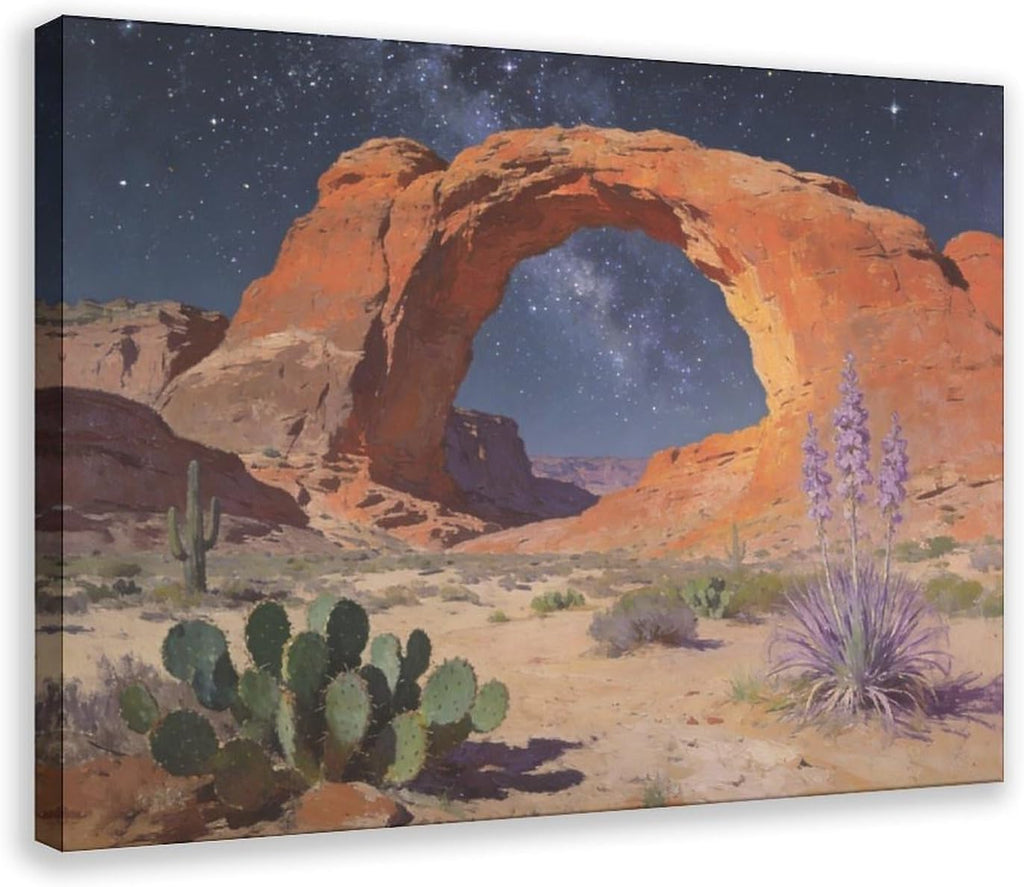 Frame Starry Night Desert Arch Wall Art Canvas Print, Milky Way Sky Over Red Rock Canyon Landscape Painting, Southwestern Cactus Decor 24x36inch(60x90cm)