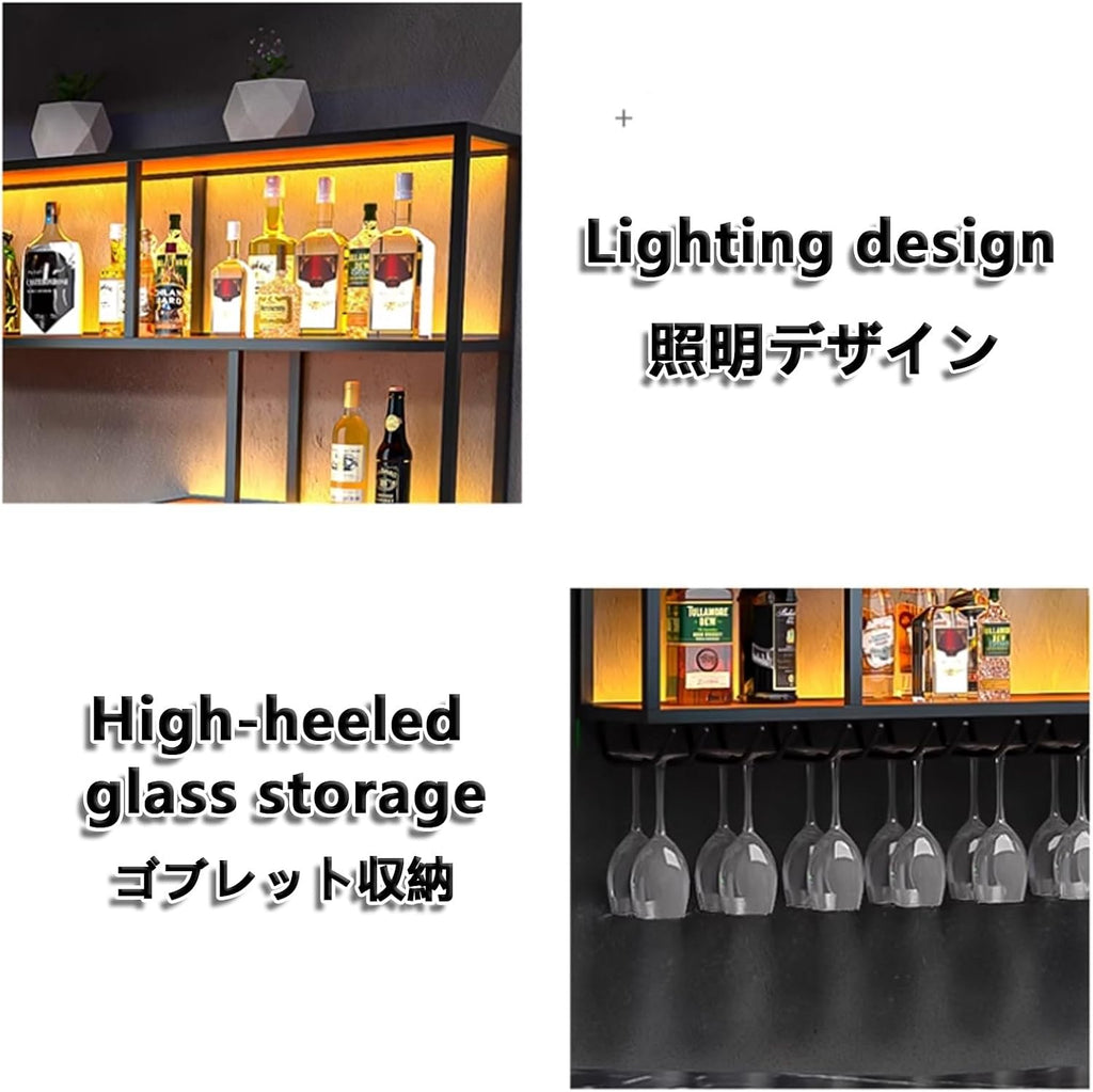 Wall Mounted Wine Rack with LED Lights, Large Heavy Duty Iron with Wine Glass Holds, Floating Shelf for Kitchen Home Bar, Industrial Metal Whiskey Display