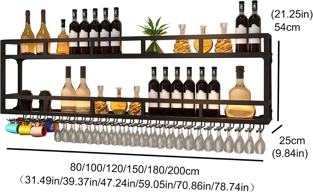 Wall Wine Rack Floating Bar Shelves Wall Mounted with LED Light Liquor Bottle Display Shelf with Hanging Wine Glass Rack Kitchen Wall Shelf Liquor Cabinet Bar Stand for Home Bar Cafe Restaurant(Black,