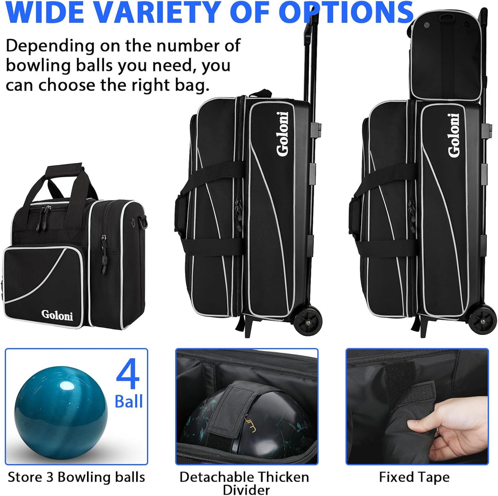 Goloni 3 Ball Bowling Bag with Wheels, Rolling Bowling Roller Bag with Retractable Handle for Balls & Bowling Accessories