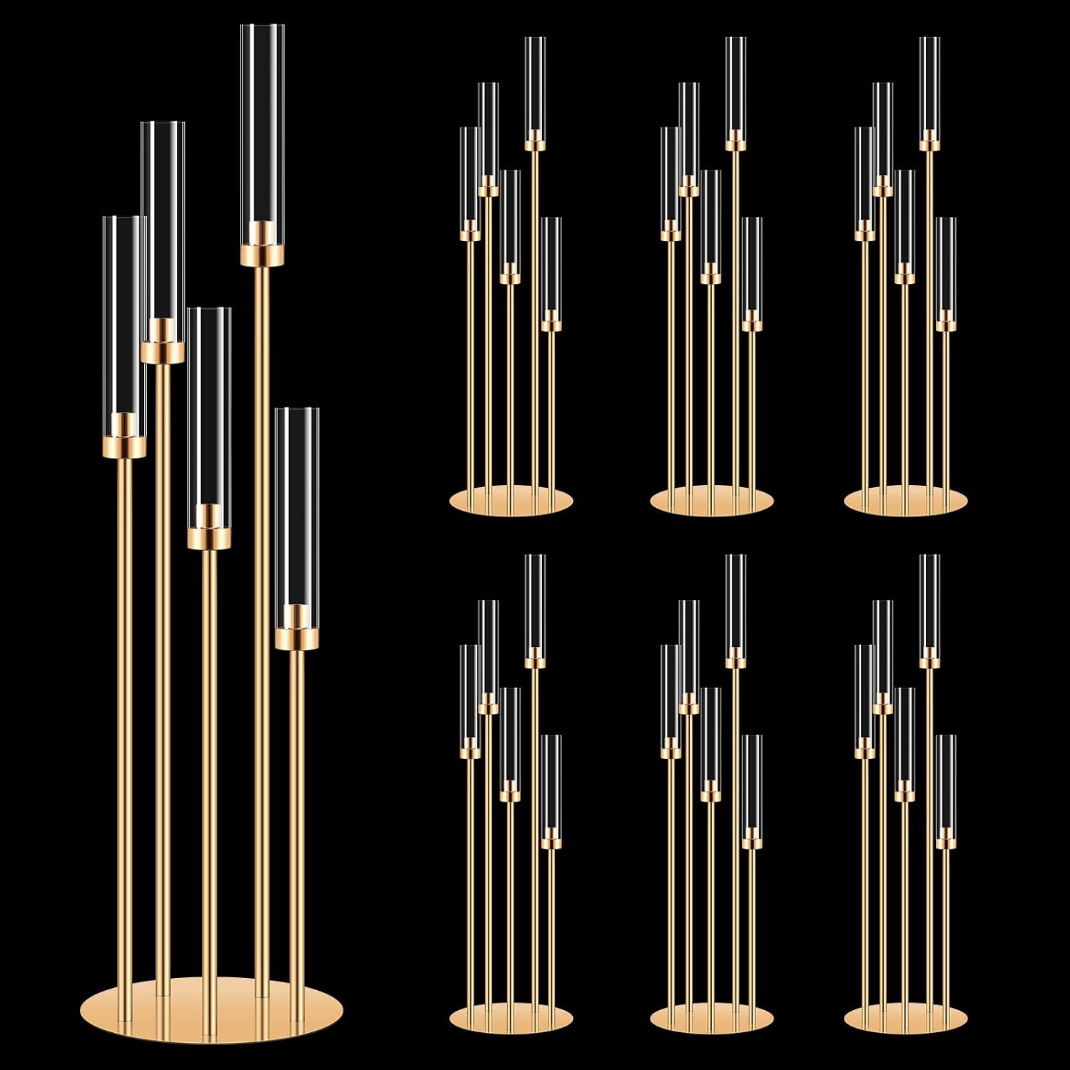 6 Set 5 Arms Golden Candle Holder with Acrylic Lampshade, 41.3'' Tall Candlesticks Holder for Christmas Wedding Housewarming Gift,Metal Candle Holders Candlestick Centerpiece,Fit 0.87'' LED Candle