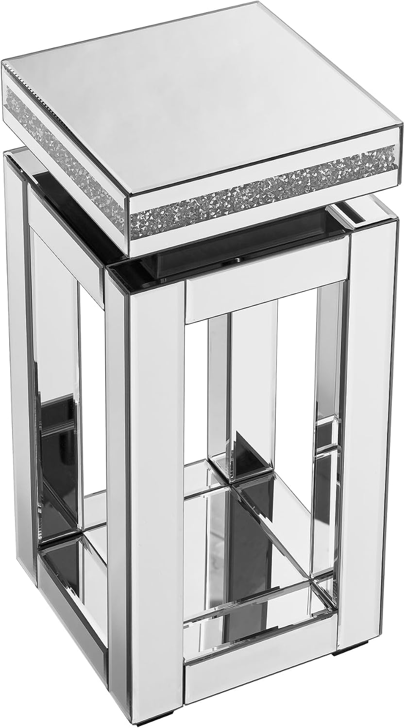 Mirrored End Table Square with Crystals, 2-Tier Modern Small Sofa Table with Storage, Silver Accent Table for Living Room, Bedroom, Coffee, and Small Spaces