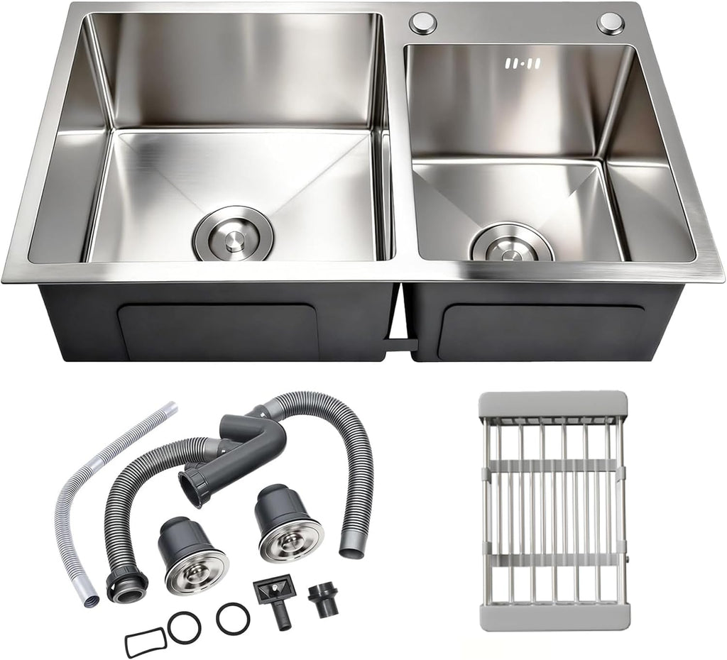 32' x 18' Drop-in/Topmount Double Bowl Kitchen Sink, Nano-Coated 304 Stainless Steel Kitchen Sink with Drain and Overflow