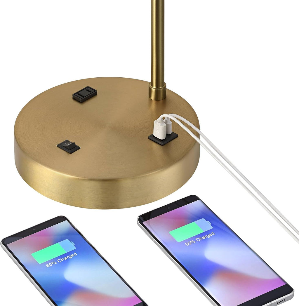 360 Lighting Colby 21' High Modern Accent Table Lamp with USB Charging Ports A+C and AC Power Outlet in Base Brass White Linen Drum Shade for Bedroom Living Room House Home Desk Bedside Nightstand