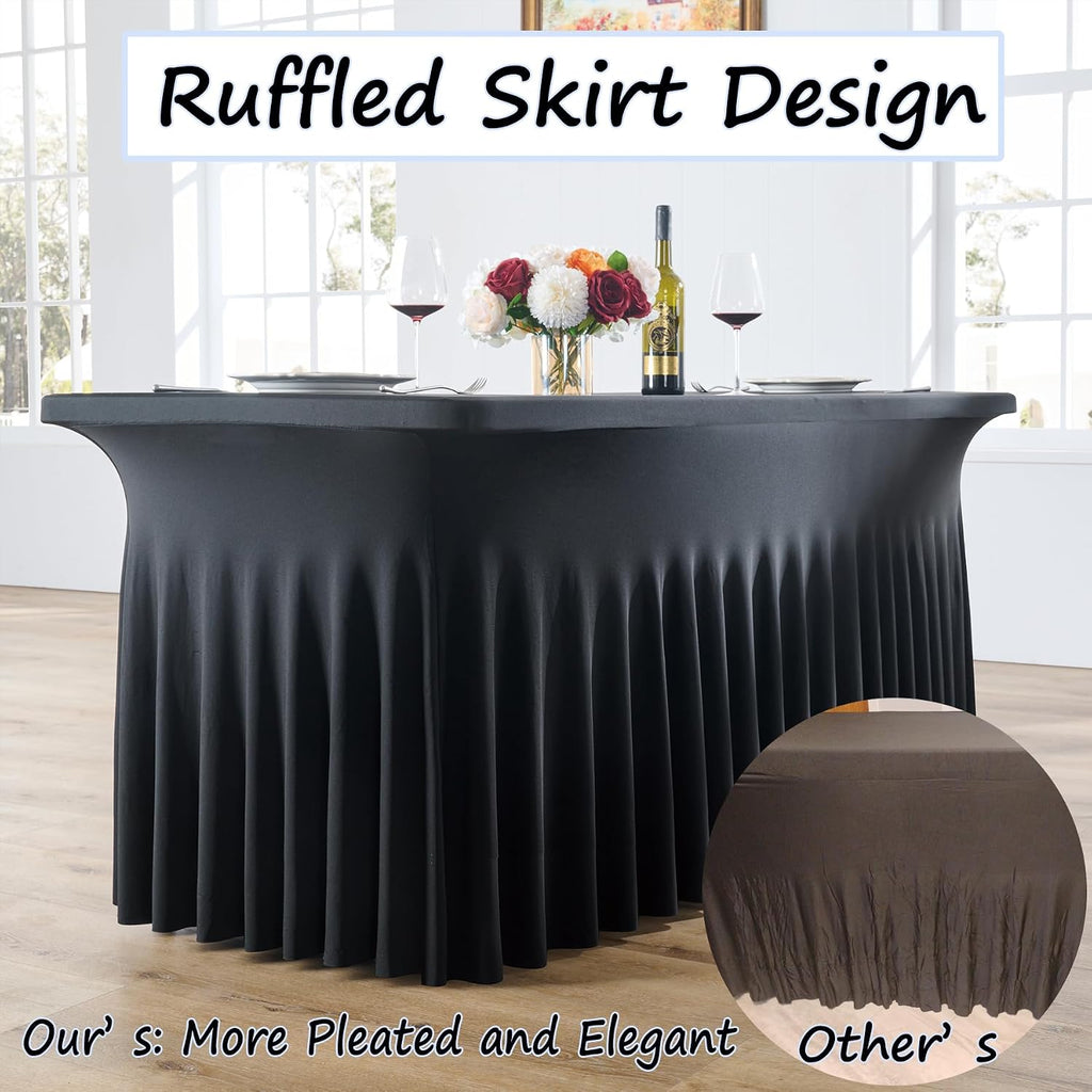 8 pk Black Spandex Tablecloth 8ft with Ruffled Skirt,Wrinkle Free High Stretch Fitted Tablecloths for 8 Foot Rectangle Tables,Pleated Elastic Spandex Table Covers 6ft for Parties Wedding Banquet