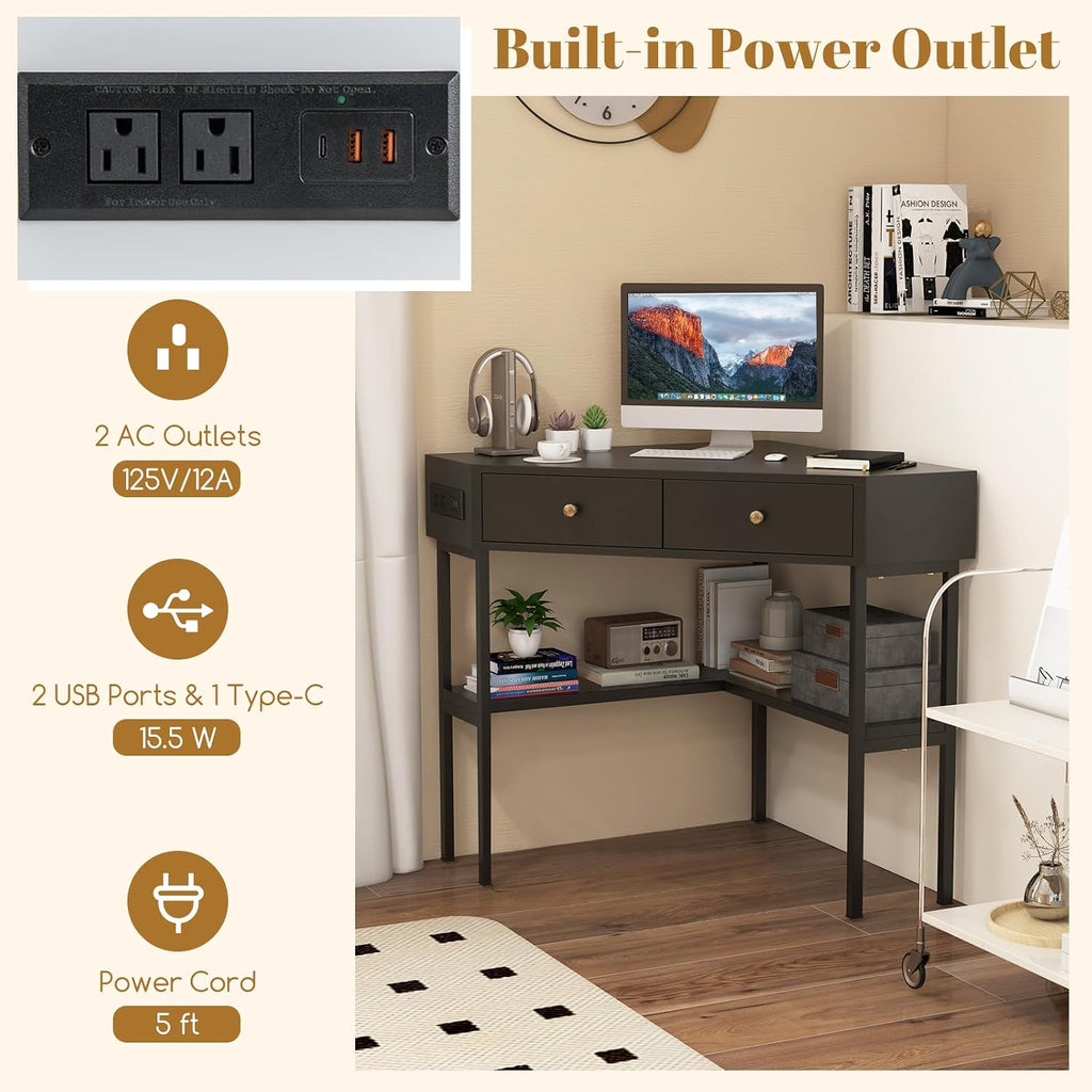 Tangkula Corner Desk with 2 Drawers & Built-in Charging Station, 90 Degrees Triangle Corner Computer Desk for Small Space, Bedroom Makeup Vanity Desk with Storage Shelves, Corner Desk (Black)