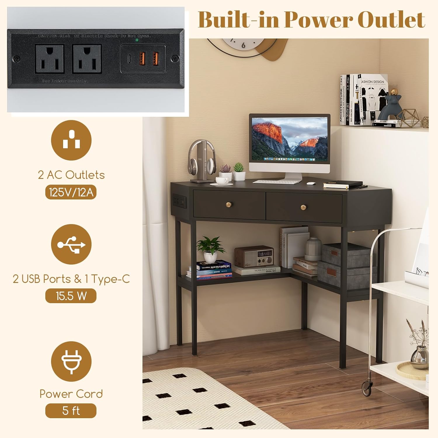 Tangkula Corner Desk with 2 Drawers & Built-in Charging Station, 90 Degrees Triangle Corner Computer Desk for Small Space, Bedroom Makeup Vanity Desk with Storage Shelves, Corner Desk (Black)