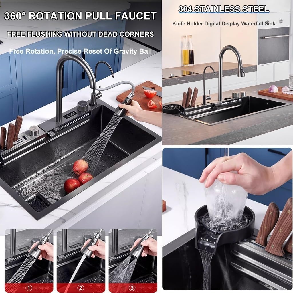 Stainless Steel Kitchen Waterfall Sink with LED Display -Coated Workstation Sink with Pull-Out Faucet and Cup Washer Household Single Bowl Sink with Accessories (Size : 80x46x22cm)