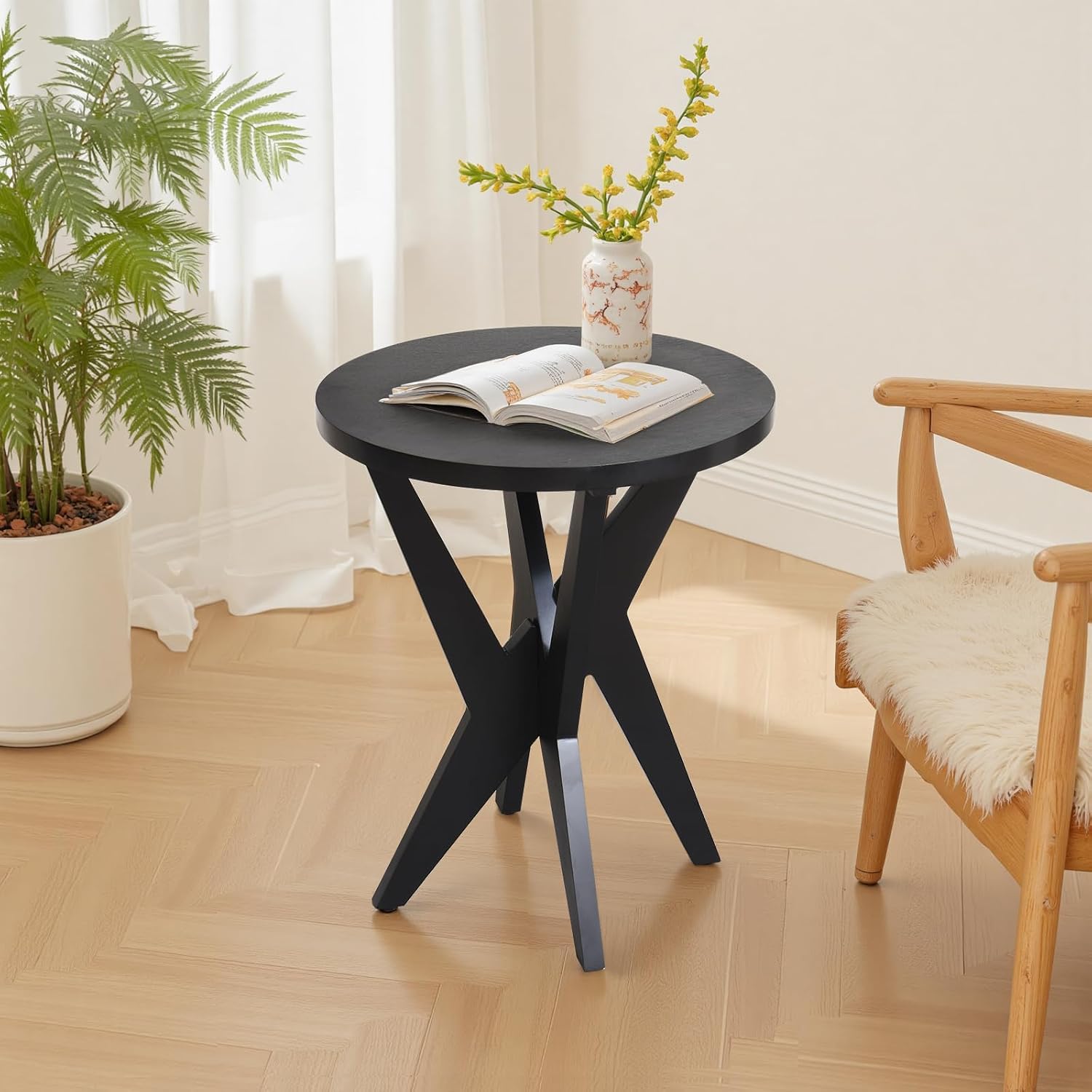 Ahokua Modern Black Round End Table Set of 2, Mid-Century Accent Side Table with MDF Top and Crossed Legs for Living Room, Bedroom, Small Spaces, Industrial & Minimalist Style