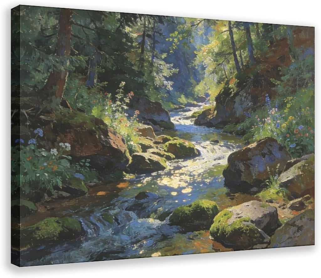 Forest Stream Wall Art Print, Sunlit Woodland Creek And Mossy Rocks Landscape Painting, Nature Poster for Living Room Bedroom Cabin Decor 24x36inch(60x90cm)