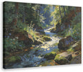 Forest Stream Wall Art Print, Sunlit Woodland Creek And Mossy Rocks Landscape Painting, Nature Poster for Living Room Bedroom Cabin Decor 24x36inch(60x90cm)