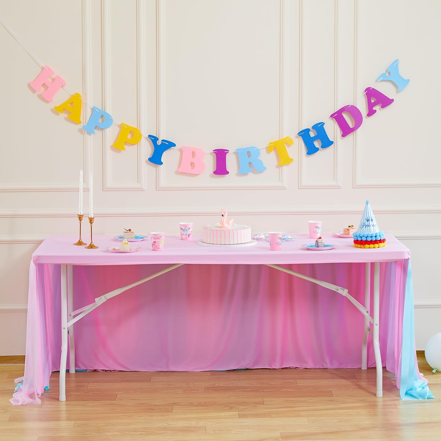 Besutolife Blue Pink Tulle Tablecloth for Rectangle Tables 3 Sides for Wedding Birthday Party Baby Shower Cake Dessert Buffet Banquet Table Decorations 4ft 6Pack