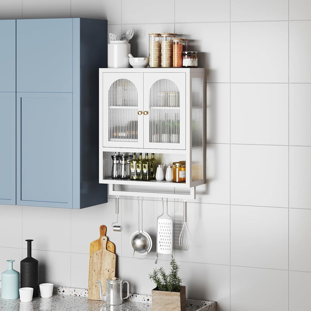 ALBAD Metal Bathroom Wall Cabinet with Fluted Glass Door and Towel Bar Wall-Mounted Medicine Cabinets Above the Toilet for Modern Bathroom, Kitchen, Garage, Laundry Room, White