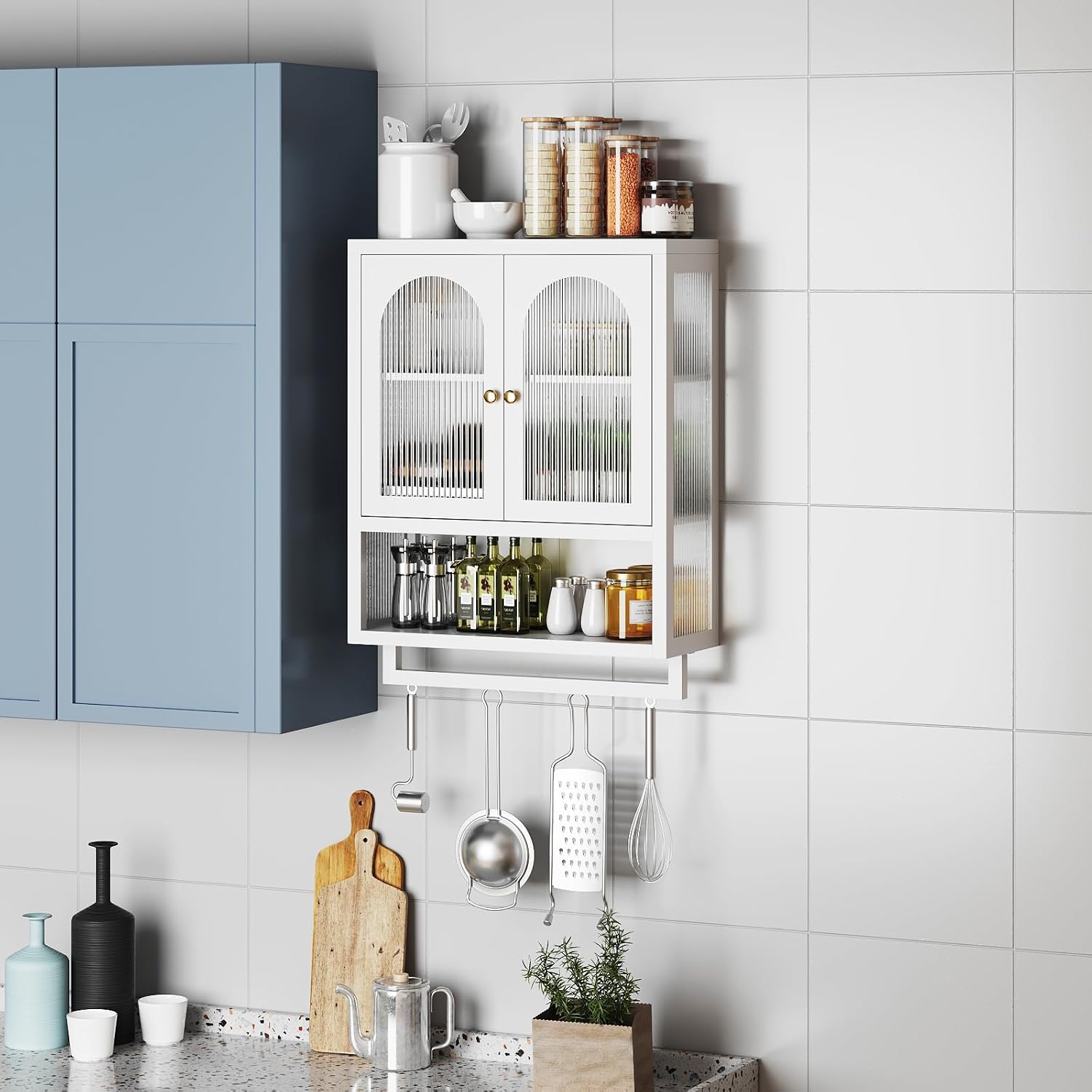 ALBAD Metal Bathroom Wall Cabinet with Fluted Glass Door and Towel Bar Wall-Mounted Medicine Cabinets Above the Toilet for Modern Bathroom, Kitchen, Garage, Laundry Room, White