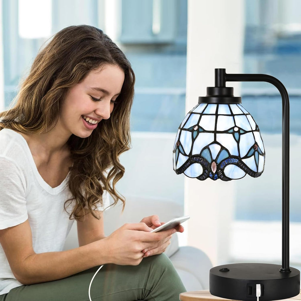 TL0016 Tiffany Style Stained Glass Table Lamp with USB Charging Ports, Desk Lamp with Blue Baroque Lamp Shade, Retro Nightstand H 14.5' for Bedroom Office, LED Bulb Included (Blue)