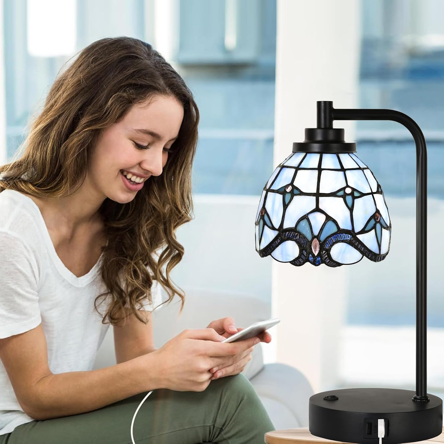 TL0016 Tiffany Style Stained Glass Table Lamp with USB Charging Ports, Desk Lamp with Blue Baroque Lamp Shade, Retro Nightstand H 14.5' for Bedroom Office, LED Bulb Included (Blue)