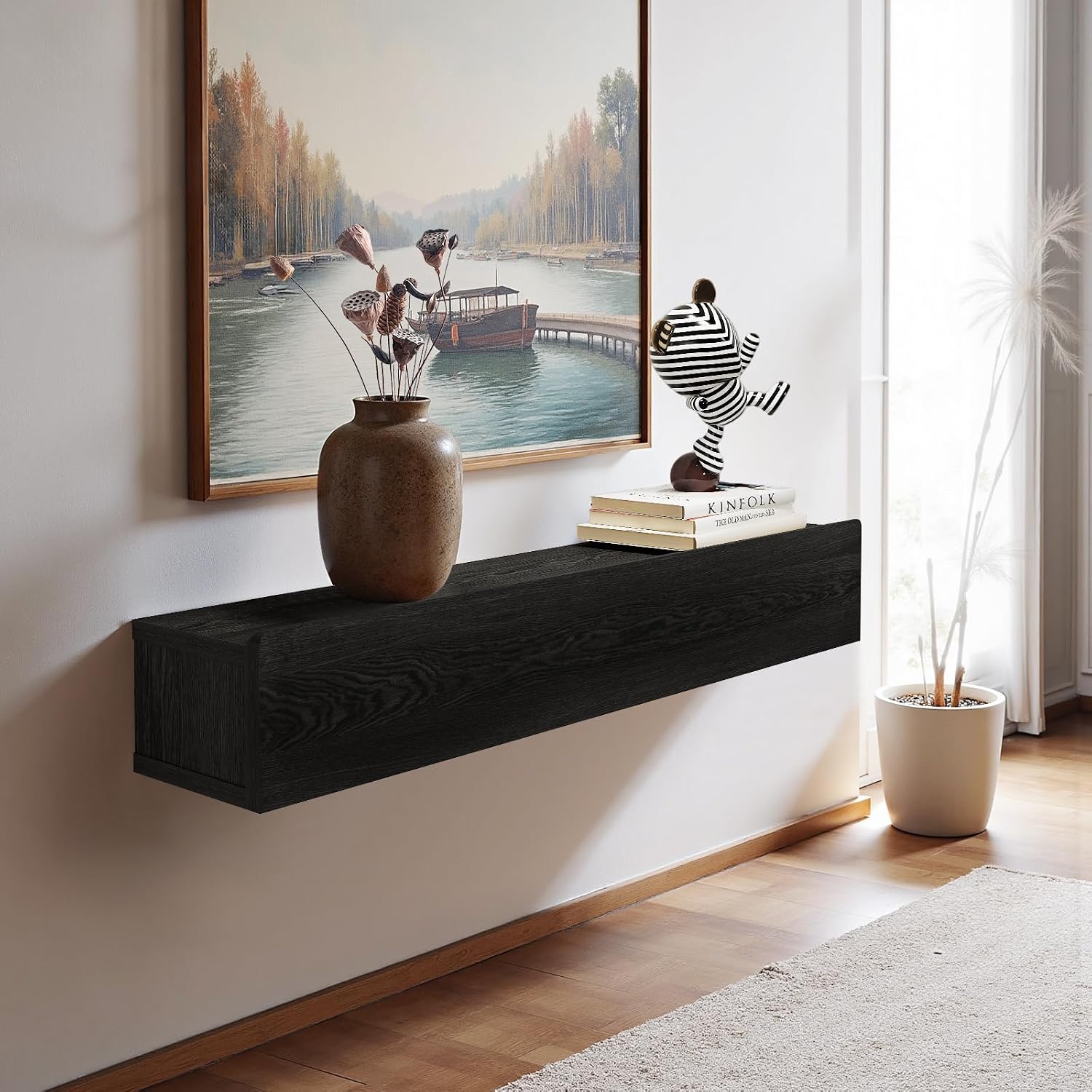 Floating Solid Wood Console Table, 47'' Wall Mounted Narrow Entryway Table with Storage Shelf, Modern Couch Shelves Small Entry Way Tables for Entryway, Front Hall, Hallway (Black)