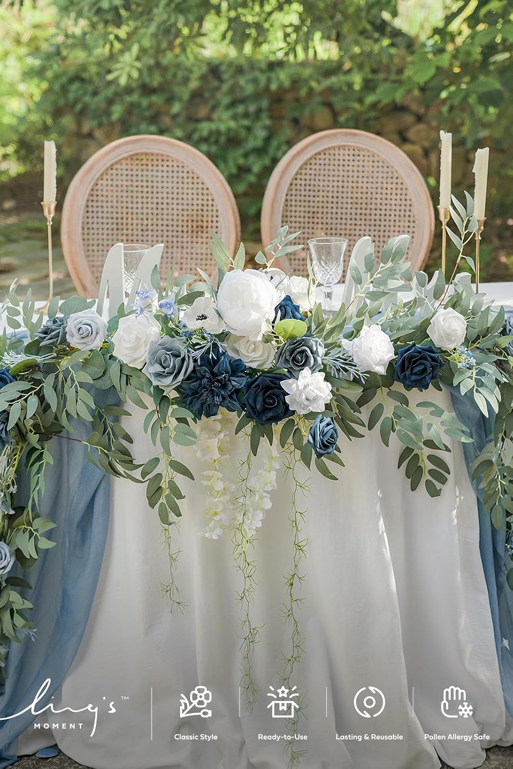 Ling's moment 9FT Spring Flower Garland- Wedding Arch Flowers for Backdrop Decoration, Eucalyptus & Rose, Artificial Floral Garland for Mantle - Sweetheart Head Table Decor for Reception, Dusty Blue