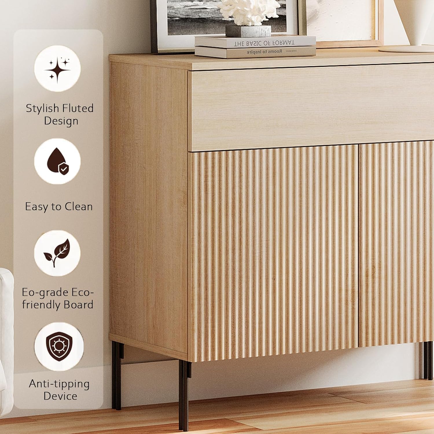 WAMPAT 31.5' W Fluted End Table, Modern Mid Century Side Table with Lagre 1 Drawer & 2 Doors, Wooden Bedside Table with Storage and Hidden Handle for Bedroom, Living Room, Beige