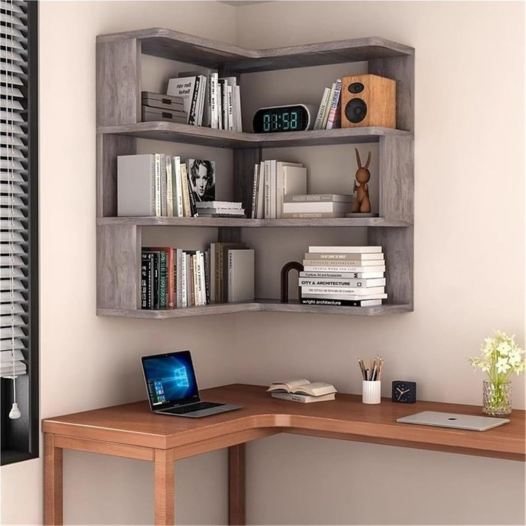 3 Tier Floating Corner Shelf Wall Mounted Display Stand Bookshelf Storage Rack for Living Rooms Offices Long-Lasting(Gray)