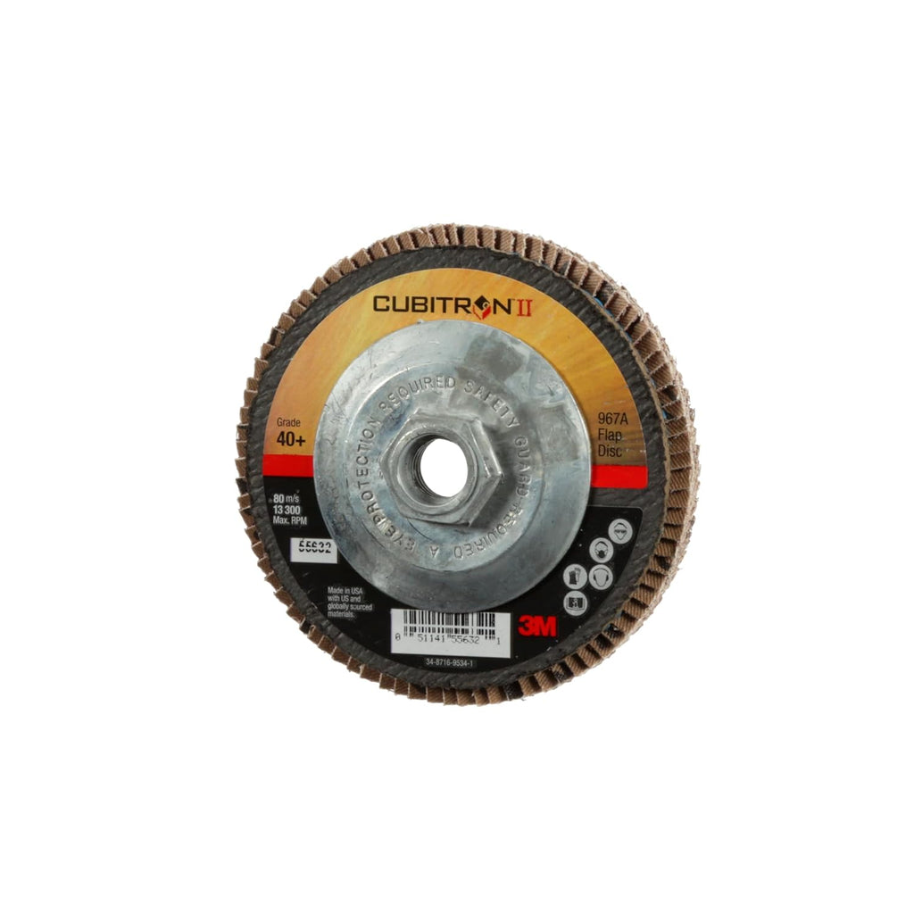 3M Cubitron II Flap Disc 967A, 40+, T27 Quick Change, 4-1/2 in x 5/8'-11, Giant, Pack of 10, Medium Pressure Applications, Light Deburring, Scale Removal, Oxide Removal, Surface Prep