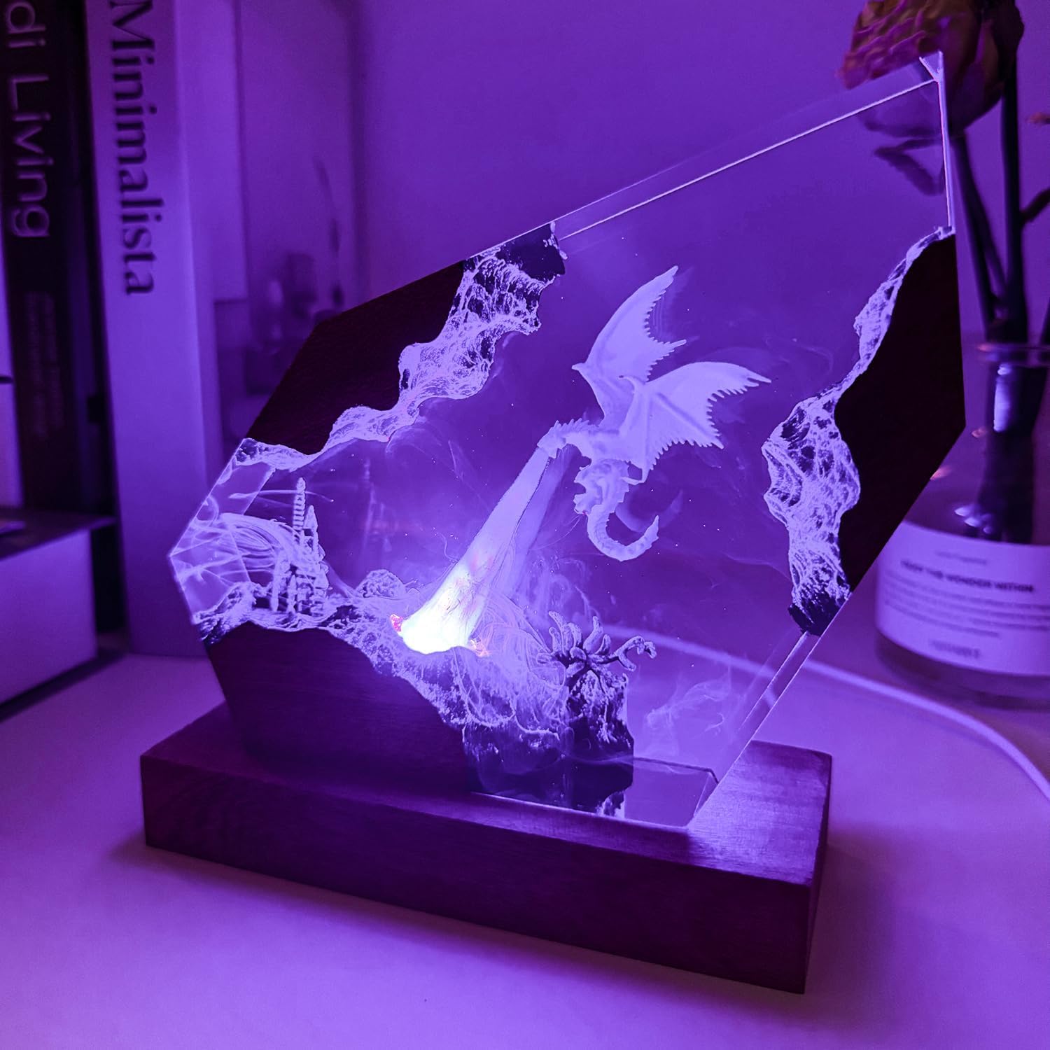 Epoxy Ice Dragon Resin Lamp, Handmade Resin Night Light with USB Port, Multi-Color LED Light, Ideal Home Bedroom Decor, Unique Birthday Holiday Gifts for Father Men Husband Boyfriend Him Kids (8'x5')