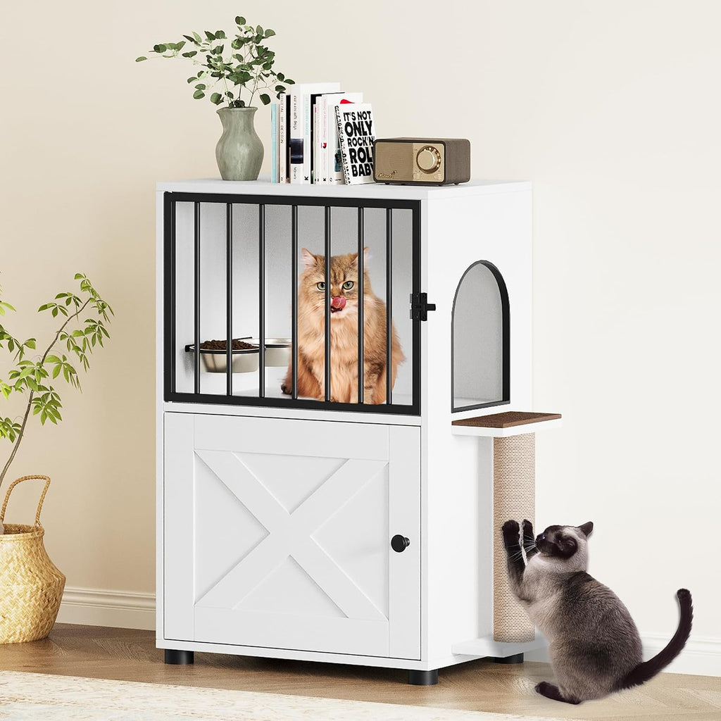 Cat Feeding Station, Dog Proof Cat Feeding Station with Scratching Post, Elevated Food Bowls with Stand, Cats Tree with Food Storage for Small Spaces, Pet House Furniture (White)