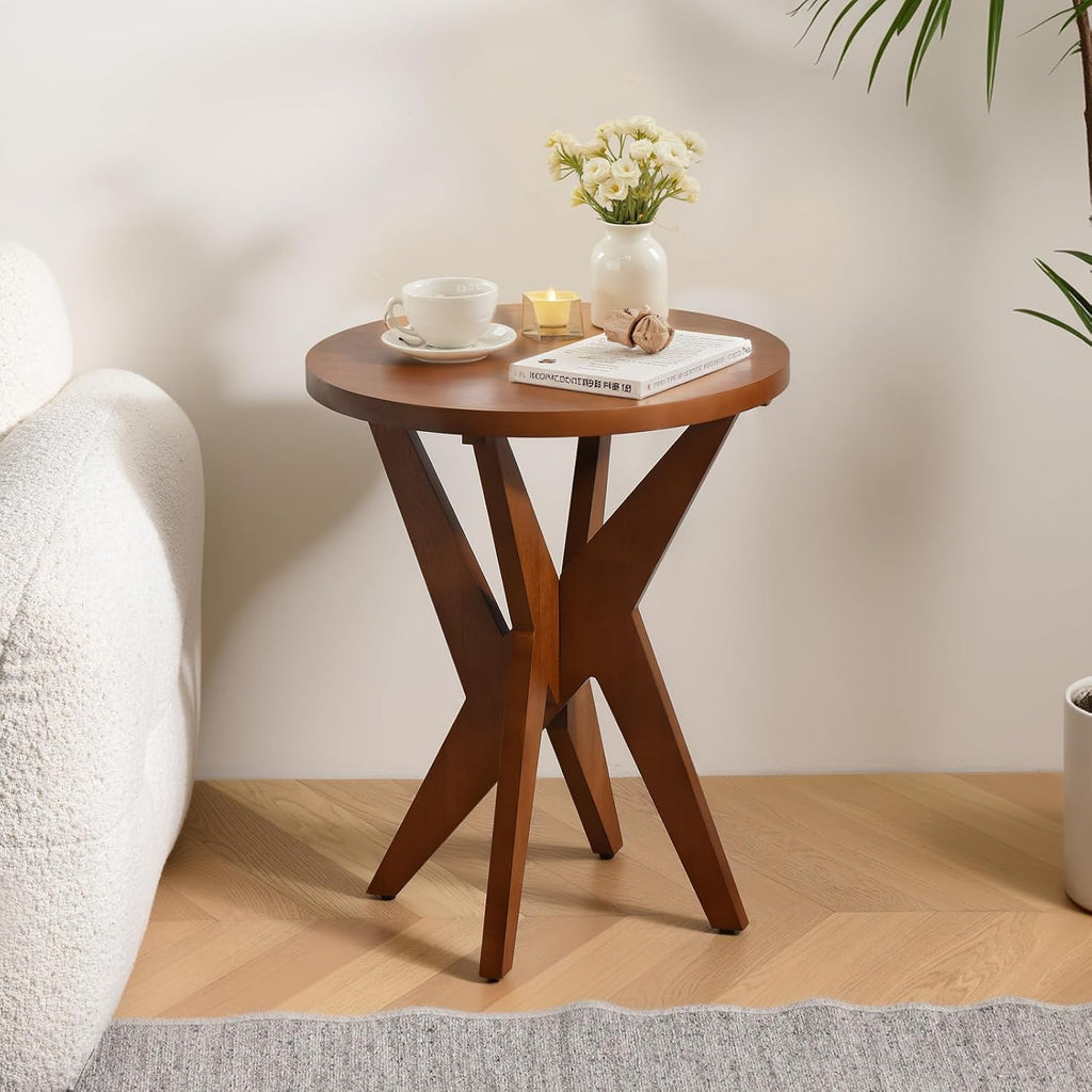 Ahokua Mid-Century Modern Round End Table Set of 2, Walnut Brown Farmhouse Side Tables with MDF Top and Crossed Legs for Living Room, Bedroom, or Small Spaces