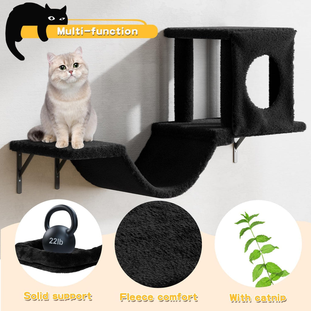12-in-1 Cat Wall Shelves, Wall Mounted Cat Climber with Condo House, Scratching Post, Bridge Ladder, Space-Saving Indoor Play Furniture for Kittens, Black