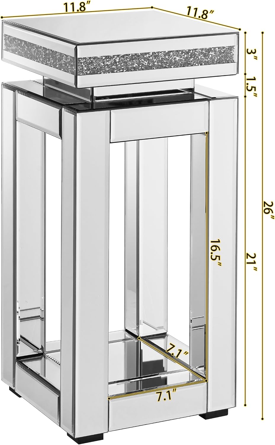 Mirrored End Table Square with Crystals, 2-Tier Modern Small Sofa Table with Storage, Silver Accent Table for Living Room, Bedroom, Coffee, and Small Spaces