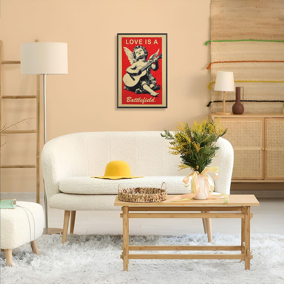 Love Is A Battlefield Framed Poster Angelic Musician Playing Acoustic Guitar Canvas Wall Art Valentine'S Day Prints Painting For Home Bedroom Dorm Wall Decor 24x36in Framed